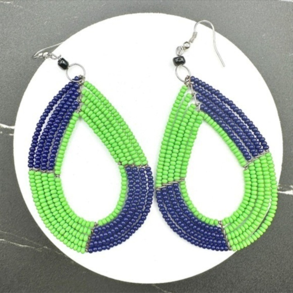 VTG Beaded Teardrop Dangle Earrings Green Blue Seed Beads Boho Fashion Jewelry